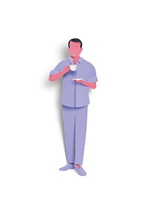 Man in front of bench and house